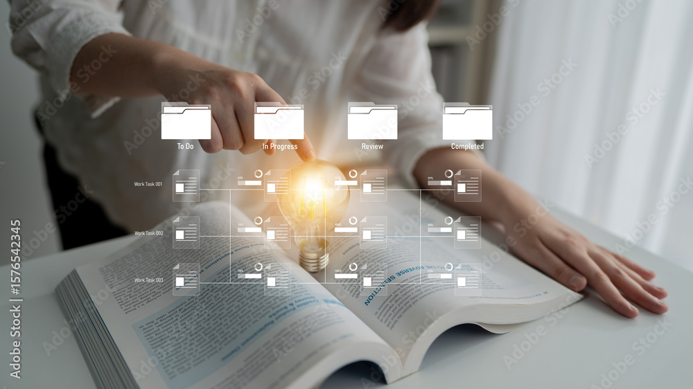Poster task workflow system showing document progress through stages. task tracking improves productivity, 