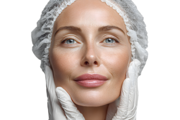 Cosmetologist in gloves checking face of woman