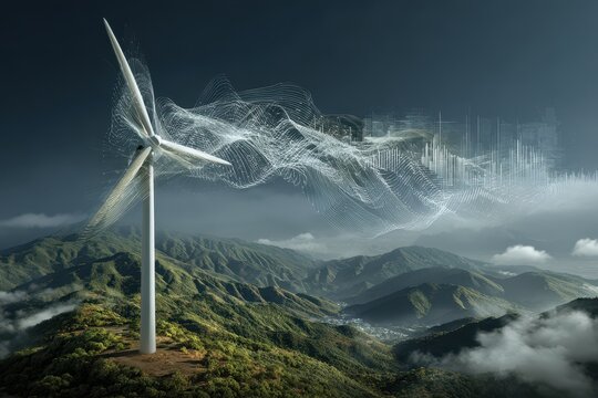 Wind turbine generates clean energy with blue digital circuit overlay technology concept against a dramatic overcast sky