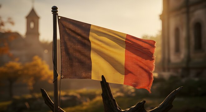The Belgian flag, showing its age and character, waving gently in warm sunlight with historical architecture in the soft background. Evokes timeless national pride.