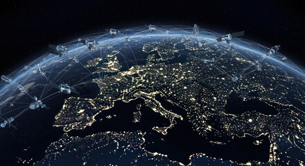 A nighttime view of Earth with orbiting satellites, highlighting Europe's illuminated cities.