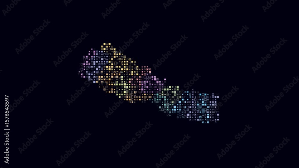 Poster nepal dotted animation. shape of the country build of pulsating colored dots. small size square bloc