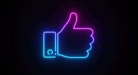 Neon thumbs-up symbol glowing brightly against a dark background.