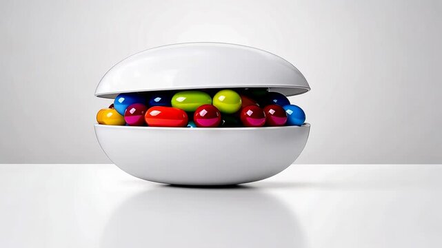 Colorful capsules inside a white open pill-shaped container