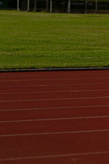A vibrant red track and field track is prominently displayed with a lush green field in the...