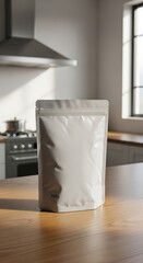 A white stand up pouch mockup displays elegantly on a kitchen counter, ready for branding or product presentation in a bright, modern kitchen setting.