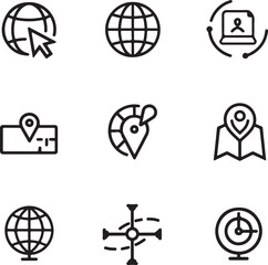 Illustration of four location pin icons in blue red black and outline on a white background