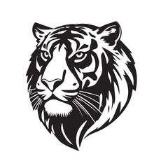 Black and White Vector Illustration of a Bold Fierce Tiger's Face Portrait. Tiger's head silhouette. 