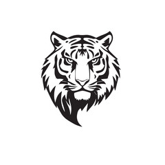 Black and White Vector Illustration of a Bold Fierce Tiger's Face Portrait. Tiger's head silhouette. 