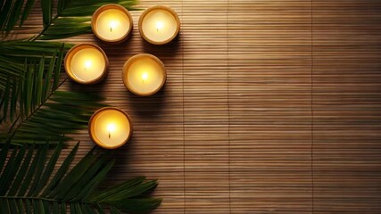 Serene candle arrangement on bamboo mat with tropical leaves