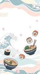 Delicious ramen bowls and sushi rolls float amidst delicate cherry blossoms and artistic waves in this vibrant food scene.