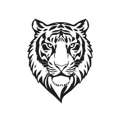 Black and White Vector Illustration of a Bold Fierce Tiger's Face Portrait. Tiger's head silhouette. 