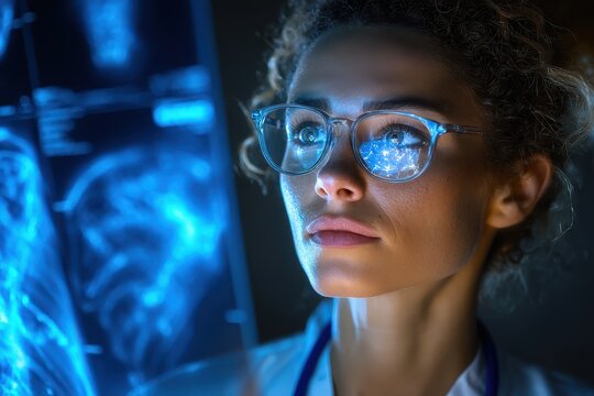 Woman doctor carefully examines x-ray images, neural networks reflect in her glasses as she analyzes results