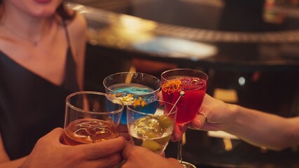 Circle of friends or couple standing fronted bar making selfie, choosing photo to share drinking cocktail in Paloma, Margarita, Old fashioned and Martini making special party at nightclub. Vinosity.