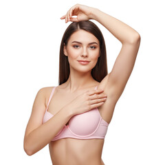 Happy latin lady demonstrating her armpit with smooth skin and smiling on Isolated transparent background png. generated with AI