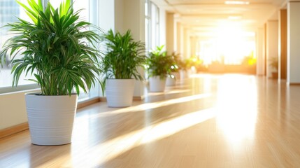 Fototapeta premium Indoor hallway with plants and sunlight