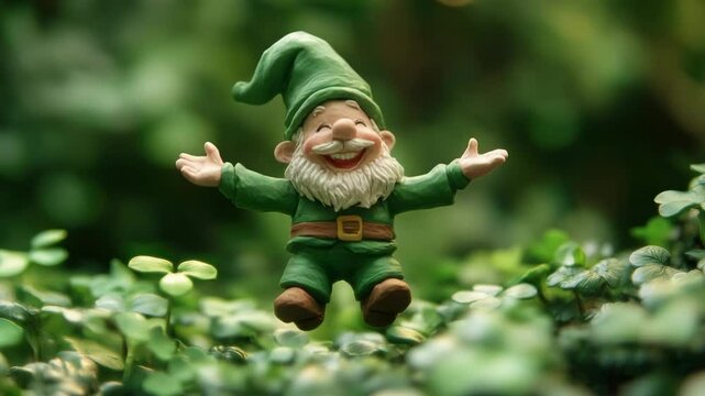Cheerful garden gnome enjoying the lush greenery around it
