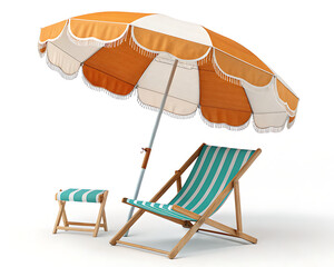 A beach scene with a striped lounge chair an umbrella and a stool on a white background in a studio