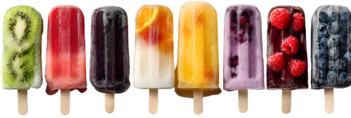 Set of various colorful fruit and berry popsicles on white background