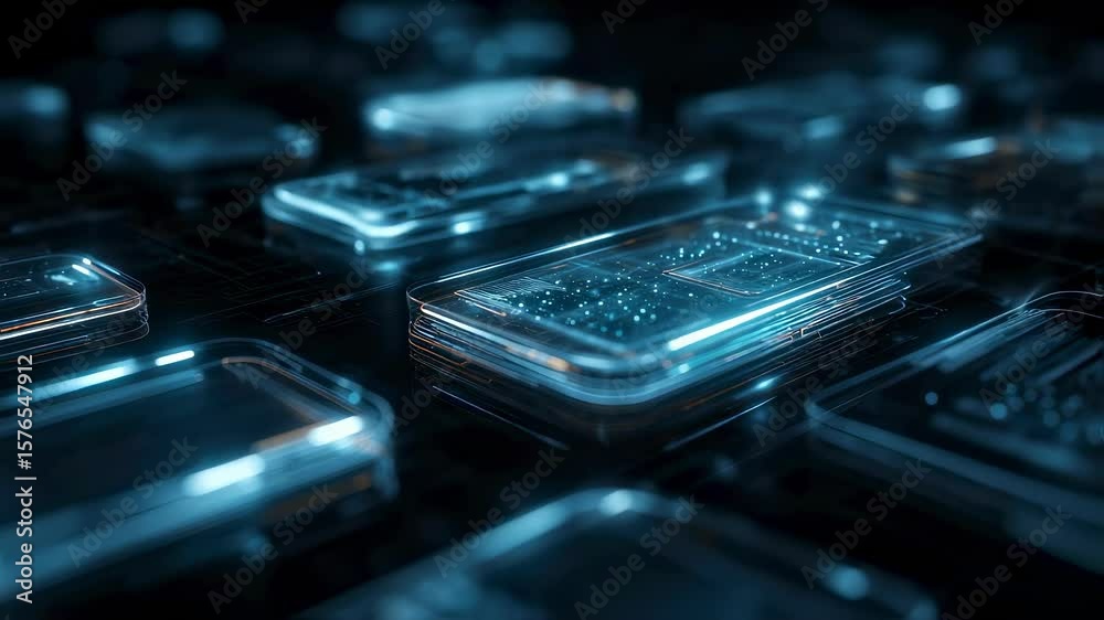 Aufkleber an array of glowing mobile devices set against a dark azure setting highlighting interactive user in