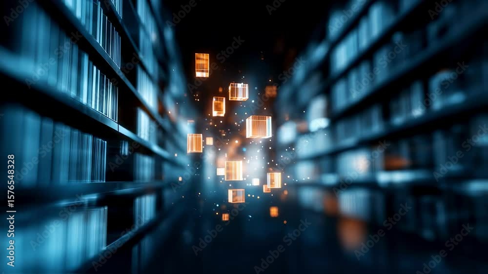 Wall mural orange glowing cubes floating between server racks in a dark server room symbolize digital data stor