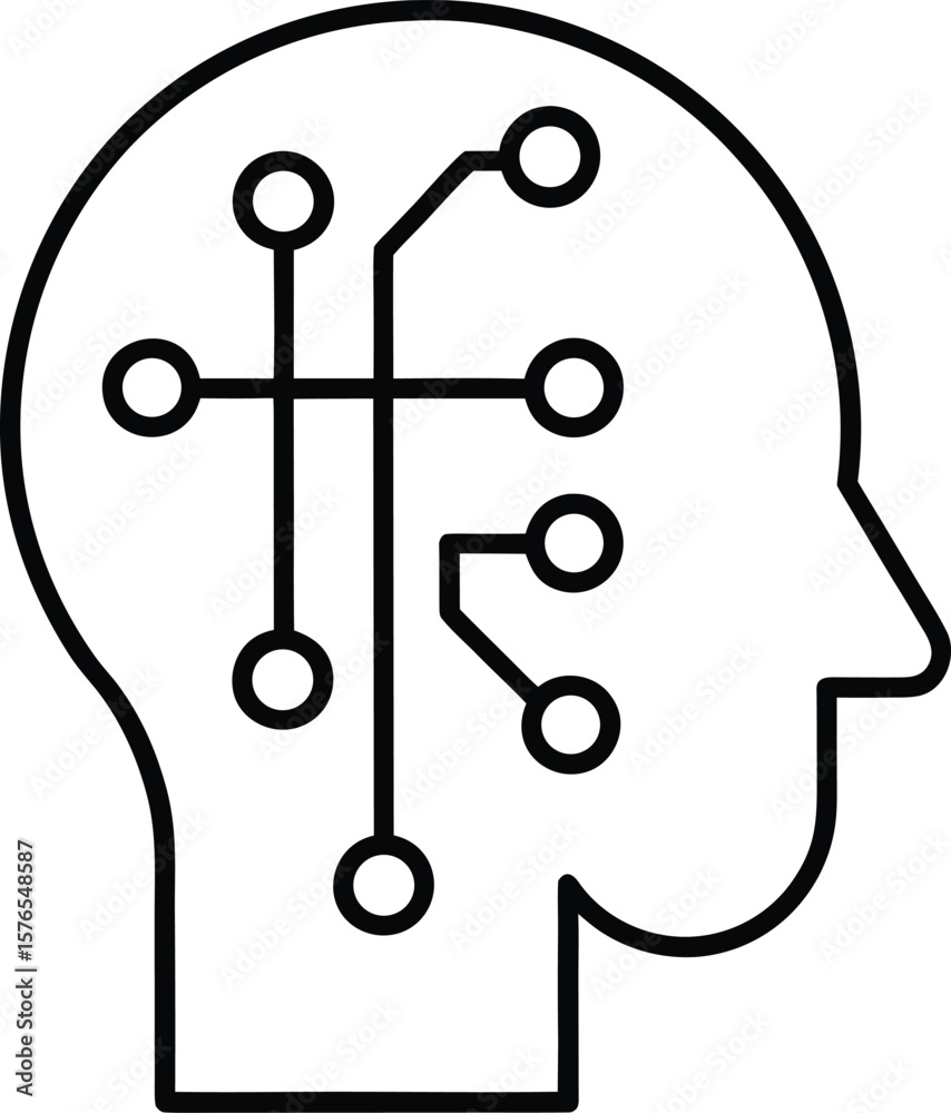 Poster Line art human head silhouette with intricate ai circuitry and neural network patterns inside isolated on transparent background