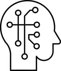 Line art human head silhouette with intricate ai circuitry and neural network patterns inside isolated on transparent background