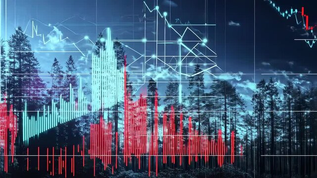data visualization over forest landscape with abstract graphs and charts