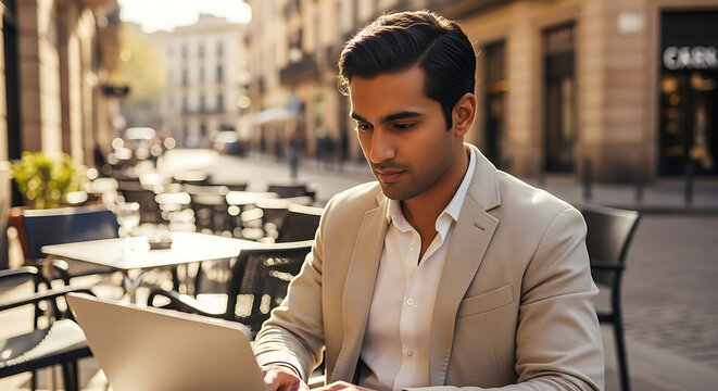 A young professional man works outdoors on his laptop at a sunny café in a European city setting.