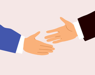 A close-up cartoon vector of two male hands with open palms reaching out about to shake hands in a professional agreement, representing business success and collaboration concept