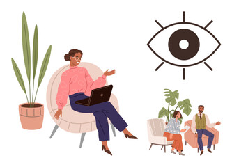 Woman sitting in chair with a laptop gestures while conversing. Group discussion with two individuals seated nearby. Eye symbol conveys awareness and insight. Ideal for dialogue, teamwork, vision
