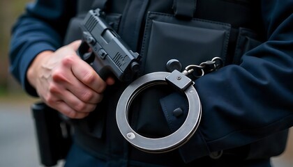 Handcuffs and gun on bulletproof vest, closeup. Police equipment, created with generative ai