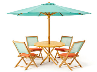 Outdoor dining set with round table chairs and umbrella on a white background for patio furniture