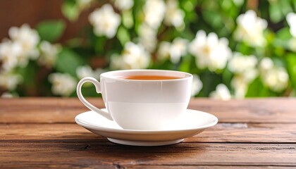 Obraz premium Teacup on wooden table with flowers