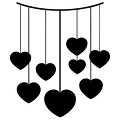 Black hearts hanging on strings isolated on white background