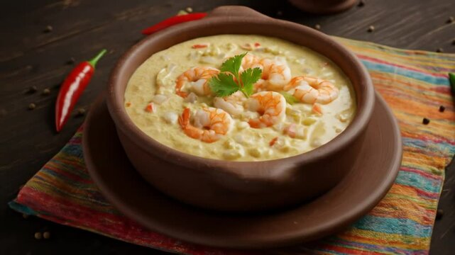 Creamy vatap&aacute; served in a clay bowl, garnished with shrimp and fresh cilantro, arranged on a wooden table