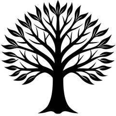 Obraz premium Black silhouette of a stylized tree with many leaves isolated on white