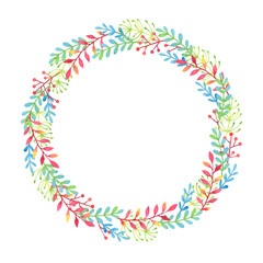 Colorful watercolor wreath with red, blue, green and yellow leaves on transparent background