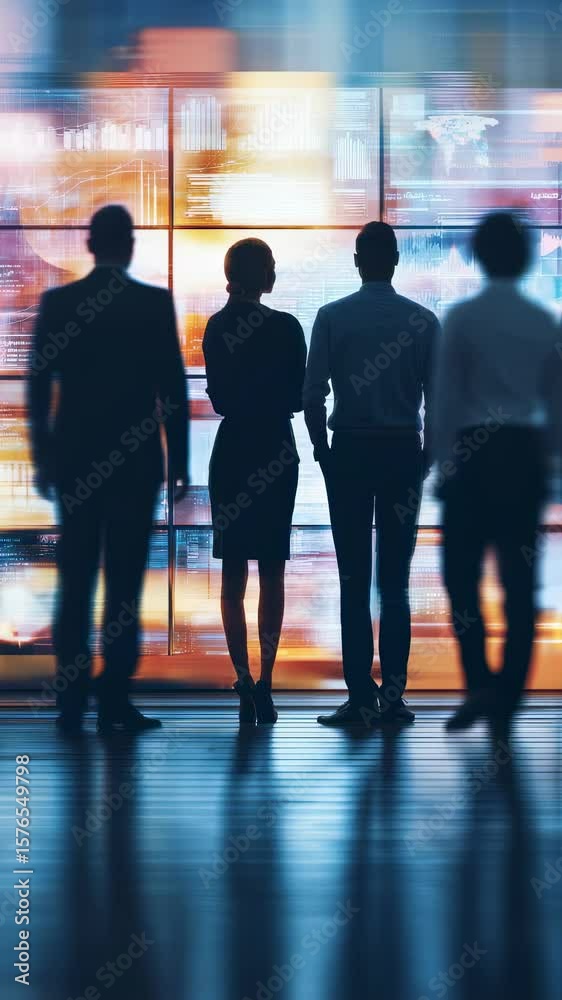 Poster four businesspeople stand before a large display composed of multiple screens, observing various dat
