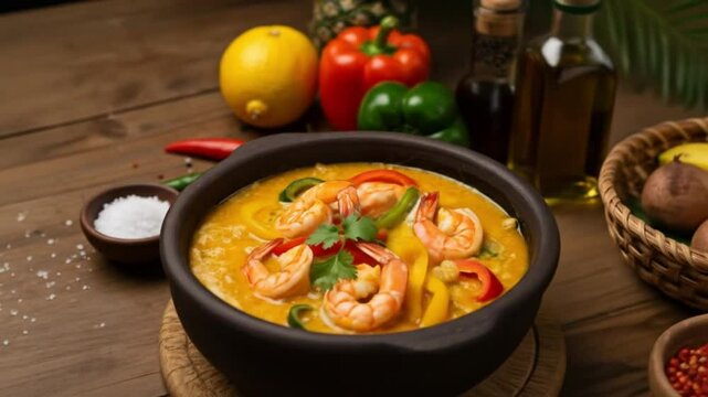 Steaming Bahian moqueca in a clay pot, with shrimp, colorful peppers, fresh cilantro and coconut milk