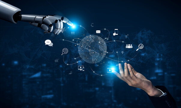 AI-assisted visualization of global communication network, showing data exchange, global connection, digital interaction, and communication network. Vouch