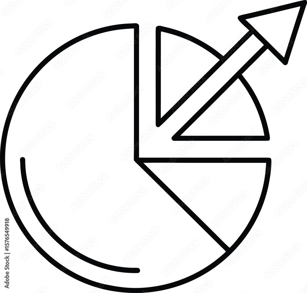 Poster Line icon of a segmented pie chart with an arrow indicating movement isolated on transparent background