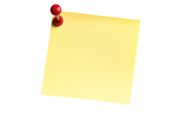 Yellow sticky Post-it note with red pushpin isolated on a white or transparent background, ideal for reminders, messages, office use, and design elements.