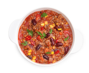 Tasty chili con carne in bowl isolated on white, top view