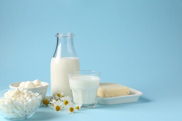Fresh dairy products and chamomile flowers on light blue background. Space for text