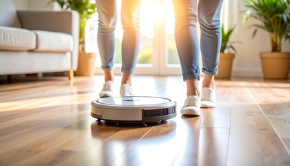 Two people observing a robotic vacuum cleaner on a light-wood floor