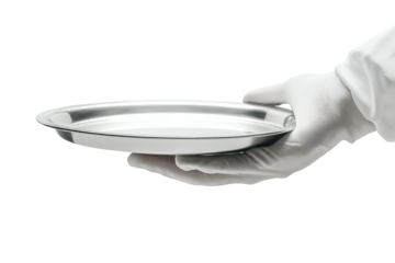 A butler's hand in white gloves elegantly presenting an empty silver tray, isolated on a transparent or white background, ideal for service and hospitality themes.