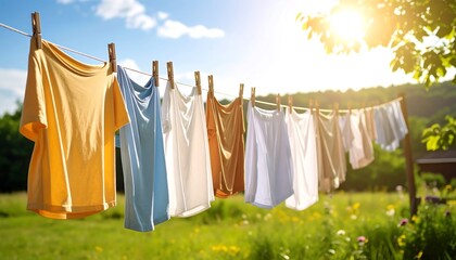 Clothes drying on a clothesline on a sunny day