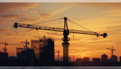 Silhouette of construction cranes and buildings against a vibrant sunset sky.