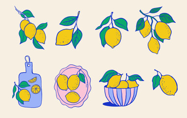 Hand drawn vintage collection of lemon illustrations. Citrus elements.